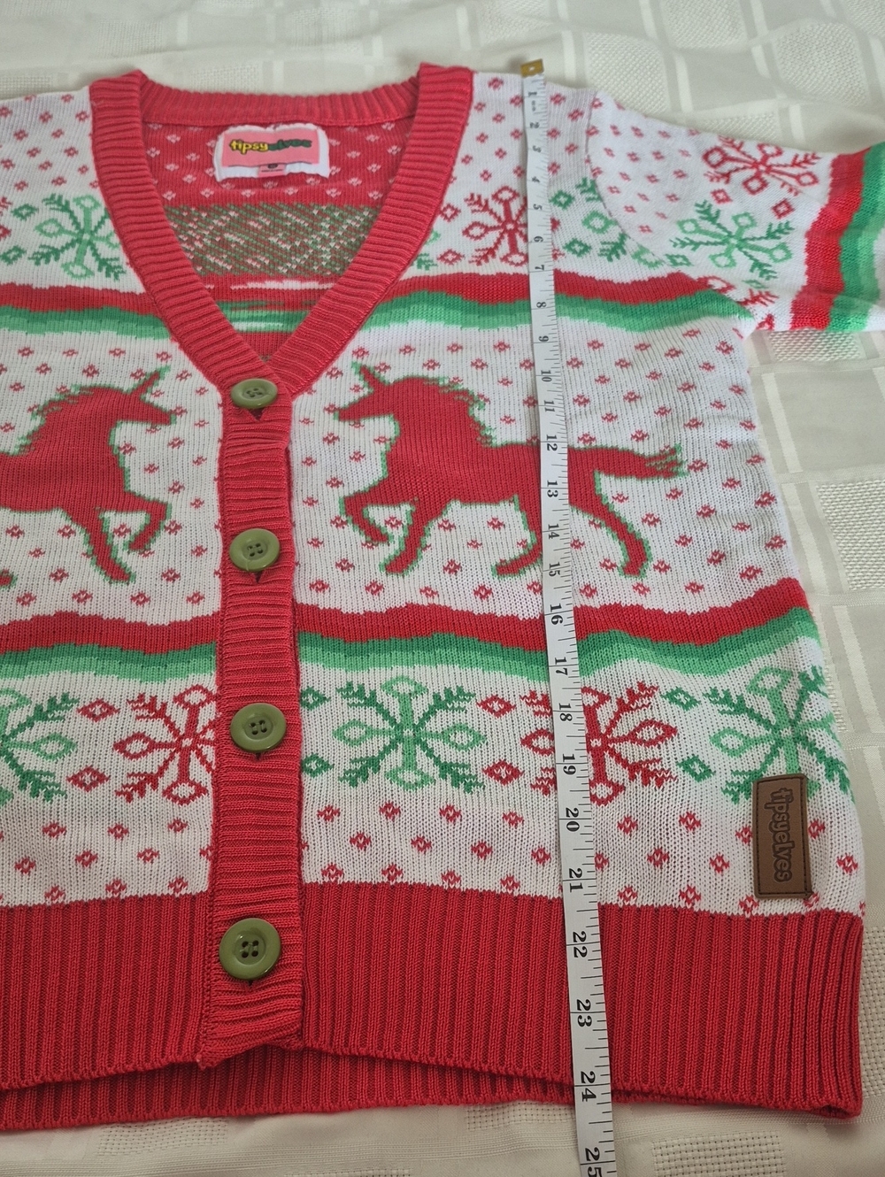 Tipsy Elves Red, Green & White Unicorn Holiday Cardigan - Picture 13 of 16